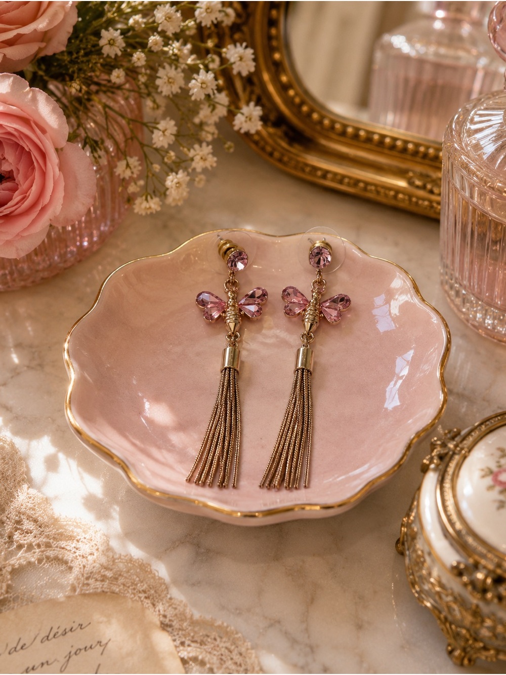 Gold Tassel Drop Earrings with Pink Crystal Accent